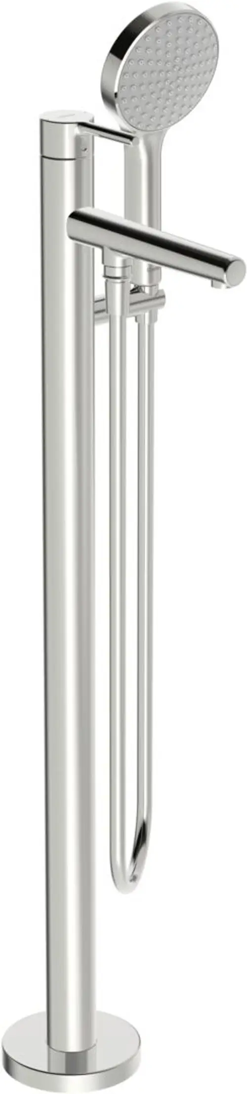 EHM Badebatterie mit Standrohr in Chrom, ausgestattet mit einem Handbrausekopf. Produkt von HANSA für den Einsatz im Badezimmer.
